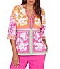 Ruby Rd. Knit Floral Patchwork Print V-Neck 3/4 Sleeve Top - Image 1
