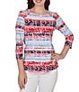 Ruby Rd. Knit Floral Stripe Square Neck 3/4 Sleeve Top - Image 1