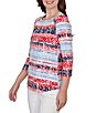 Ruby Rd. Knit Floral Stripe Square Neck 3/4 Sleeve Top - Image 3