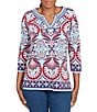 Ruby Rd. Knit Geometric Print Soutache Embellishments Split V-Neck 3/4 Sleeve Top, Color:Indigo Multi - Image 1