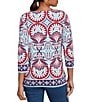 Ruby Rd. Knit Geometric Print Soutache Embellishments Split V-Neck 3/4 Sleeve Top, Color:Indigo Multi - Image 2