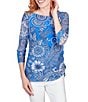 Color:Baltic Multi - Image 1 - Knit Humming Bird Floral Print Boat Neck 3/4 Sleeve Side Ruched Top