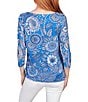 Color:Baltic Multi - Image 2 - Knit Humming Bird Floral Print Boat Neck 3/4 Sleeve Side Ruched Top