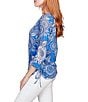 Color:Baltic Multi - Image 3 - Knit Humming Bird Floral Print Boat Neck 3/4 Sleeve Side Ruched Top