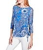 Color:Baltic Multi - Image 4 - Knit Humming Bird Floral Print Boat Neck 3/4 Sleeve Side Ruched Top