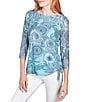 Color:Aruba Blue Multi - Image 1 - Knit Humming Bird Floral Print Boat Neck 3/4 Sleeve Side Ruched Top