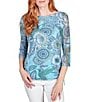 Color:Aruba Blue Multi - Image 1 - Knit Humming Bird Floral Print Boat Neck 3/4 Sleeve Side Ruched Top