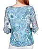 Color:Aruba Blue Multi - Image 2 - Knit Humming Bird Floral Print Boat Neck 3/4 Sleeve Side Ruched Top