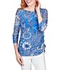 Color:Baltic Multi - Image 1 - Knit Humming Bird Floral Print Boat Neck 3/4 Sleeve Side Ruched Top