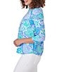Color:Blue Moon Multi - Image 3 - Knit Japanese Art Mums Print Envelope-Neck 3/4 Sleeve Top