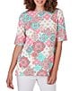 Color:Punch Multi - Image 1 - Knit Medallion Print Boat Neck 3/4 Sleeve Top