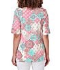 Color:Punch Multi - Image 2 - Knit Medallion Print Boat Neck 3/4 Sleeve Top