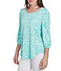 Ruby Rd. Knit Mixed Pattern Print Ladder Stitch Scoop Neck 3/4 Sleeve Top, Color:Julep/White - Image 4