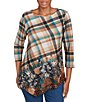 Ruby Rd. Knit Plaid Floral Leopard Print Boat Neck 3/4 Sleeve Top, Color:Tan Heather Multi - Image 1