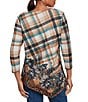 Ruby Rd. Knit Plaid Floral Leopard Print Boat Neck 3/4 Sleeve Top, Color:Tan Heather Multi - Image 2