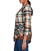 Ruby Rd. Knit Plaid Floral Leopard Print Boat Neck 3/4 Sleeve Top, Color:Tan Heather Multi - Image 3