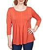 Color:Chili - Image 1 - Knit Scoop Neck Pleat Front Detail 3/4 Sleeve Top