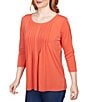 Color:Chili - Image 3 - Knit Scoop Neck Pleat Front Detail 3/4 Sleeve Top