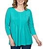 Color:Cyan - Image 1 - Knit Scoop Neck Pleat Front Detail 3/4 Sleeve Top
