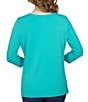 Color:Cyan - Image 2 - Knit Scoop Neck Pleat Front Detail 3/4 Sleeve Top