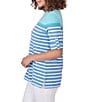 Color:Blue Moon Multi - Image 3 - Knit Stripe Boat Neck Elbow Roll-Tab Sleeve Side Slit Top