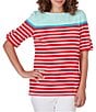 Color:Punch Multi - Image 1 - Knit Stripe Boat Neck Elbow Roll-Tab Sleeve Side Slit Top
