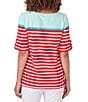 Color:Punch Multi - Image 2 - Knit Stripe Boat Neck Elbow Roll-Tab Sleeve Side Slit Top