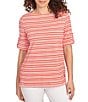 Ruby Rd. Knit Stripe Boat Neck Short Roll-Tab Sleeve Top, Color:Grapefruit Multi - Image 1