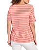 Ruby Rd. Knit Stripe Boat Neck Short Roll-Tab Sleeve Top, Color:Grapefruit Multi - Image 2