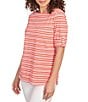 Ruby Rd. Knit Stripe Boat Neck Short Roll-Tab Sleeve Top, Color:Grapefruit Multi - Image 4