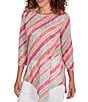 Ruby Rd. Knit Stripe Crew Neck 3/4 Sleeve Asymmetric Hem Top, Color:Bay Leaf/Multi - Image 1