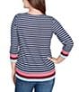 Ruby Rd. Knit Stripe Square Neck 3/4 Sleeve Side Slit Top, Color:Indigo Multi - Image 2