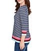 Ruby Rd. Knit Stripe Square Neck 3/4 Sleeve Side Slit Top, Color:Indigo Multi - Image 3