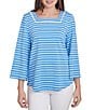 Ruby Rd. Knit Stripe Trim Square Neck 3/4 Bell Sleeve Top, Color:Bluebird Multi - Image 1