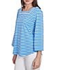 Ruby Rd. Knit Stripe Trim Square Neck 3/4 Bell Sleeve Top, Color:Bluebird Multi - Image 4
