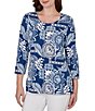 Ruby Rd. Knit Tropical Patchwork Print Scoop Neck 3/4 Sleeve Top - Image 5