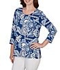 Ruby Rd. Knit Tropical Patchwork Print Scoop Neck 3/4 Sleeve Top - Image 3