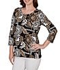 Ruby Rd. Knit Tropical Patchwork Print Scoop Neck 3/4 Sleeve Top - Image 3