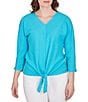 Color:Peacock - Image 1 - Knit V-Neck 3/4 Sleeve Tie-Front Top