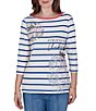 Ruby Rd. Knit Varsity Stripe Floral Placement Scoop Neck 3/4 Sleeve Tee - Image 1