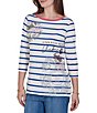 Ruby Rd. Knit Varsity Stripe Floral Placement Scoop Neck 3/4 Sleeve Tee - Image 4