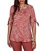 Ruby Rd. Leaf Print Square Neck Elbow Tie Sleeve Top - Image 1