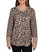 Ruby Rd. Leopard Ribbed Crew Neck Long Sleeve Top, Color:Tan Heather Multi - Image 1