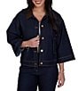 Ruby Rd. Light Weight Denim Faux Leather Collar 3/4 Sleeve Button Front Caplet Jacket - Image 1