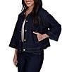 Ruby Rd. Light Weight Denim Faux Leather Collar 3/4 Sleeve Button Front Caplet Jacket - Image 3