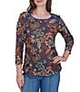 Ruby Rd. Light Weight Knit Textured Floral Scoop Neck 3/4 Sleeve Top - Image 1