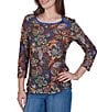 Ruby Rd. Light Weight Knit Textured Floral Scoop Neck 3/4 Sleeve Top - Image 4