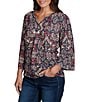 Ruby Rd. Light Weight Slub Knit Patchwork Tapestry Split V-Neck 3/4 Sleeve Top - Image 3