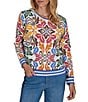 Ruby Rd. Lightweight Knit Bold Floral Striped Trim Boat Neck Long Sleeve Sweater - Image 1