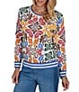 Ruby Rd. Lightweight Knit Bold Floral Striped Trim Boat Neck Long Sleeve Sweater - Image 4